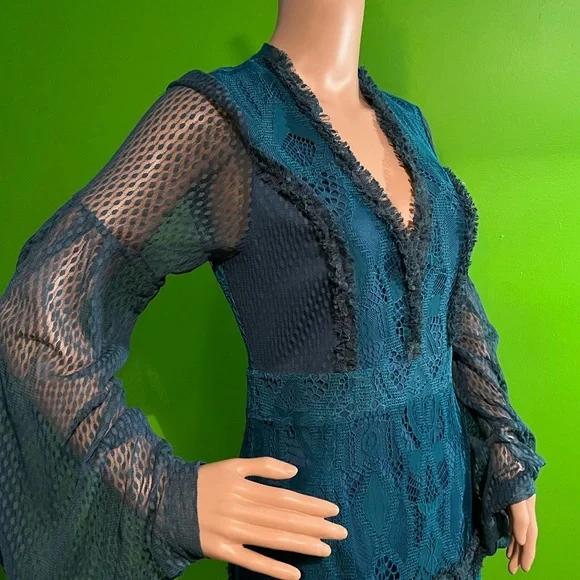 NWT $195 foxiedox | Gloria | Lace Dress with Sheer Arms in Sapphire & Teal Black - Picture 7 of 16